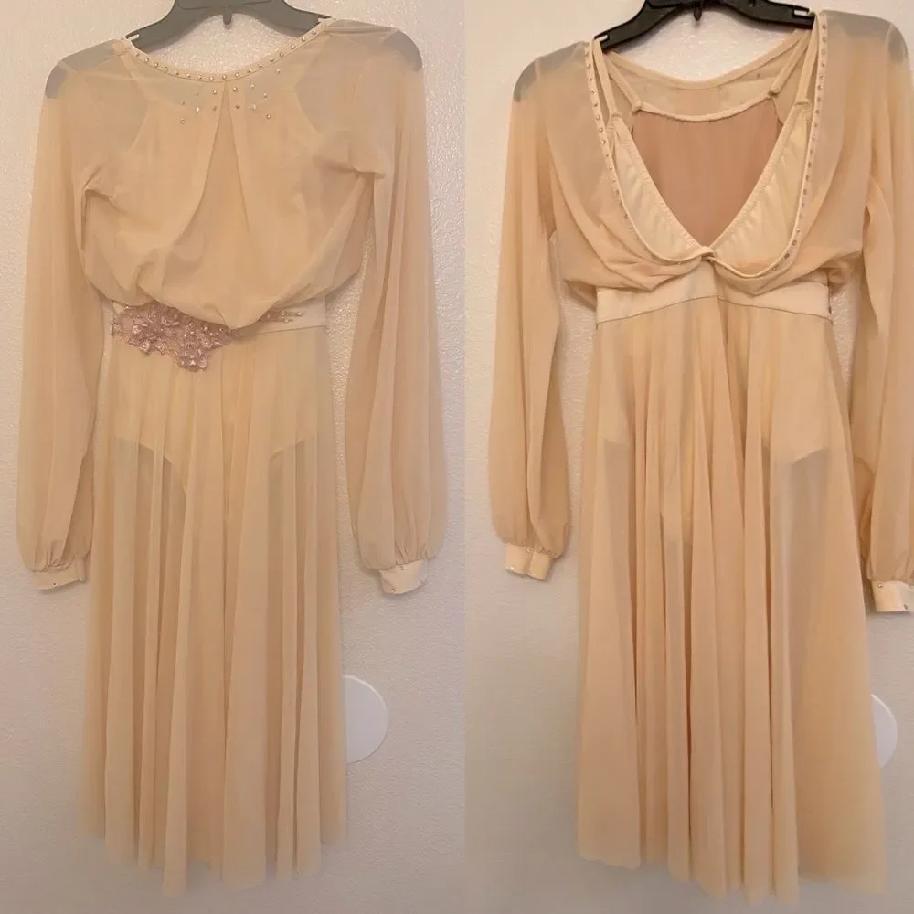 Custom solo dance costume lyrical mesh dress rhinestone ivory yellow illusion LC